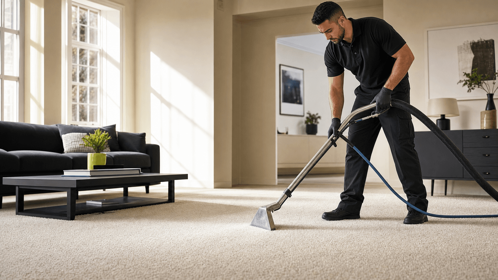 Professional technician deep-cleaning a cream carpet in a bright modern living room